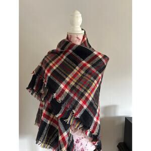 Plaid scarf wrap black red white cream large